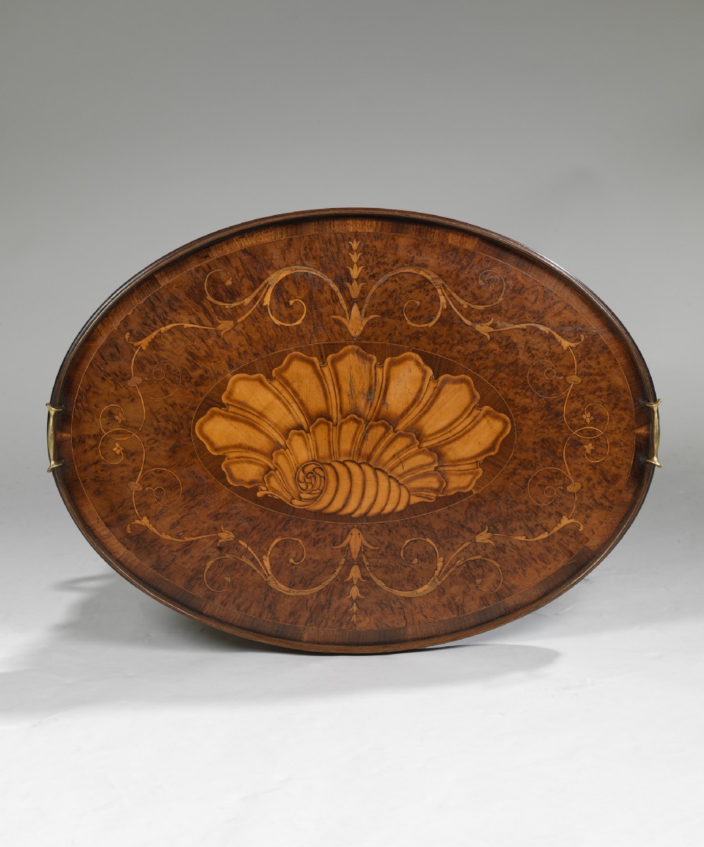 Georgian yew wood oval tray with shell inlay