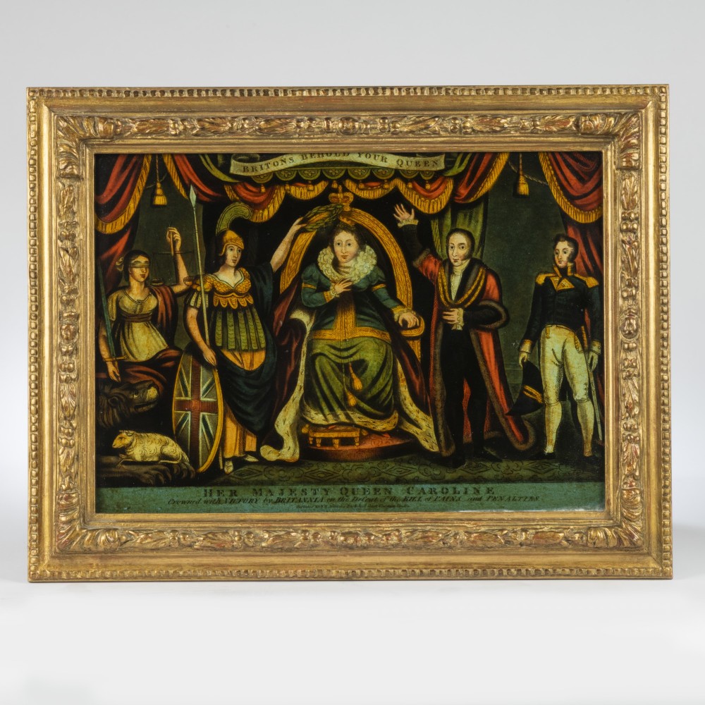 Regency reverse glass print of Queen Caroline