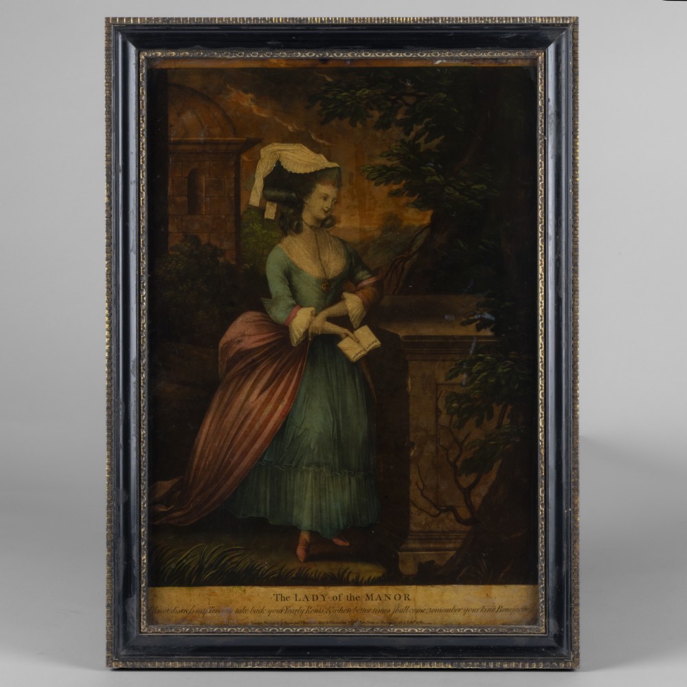 An 18th-century reverse glass print depicting a lady in a green dress and white bonnet, set within a moulded ebonised frame with a gilded sight edge.