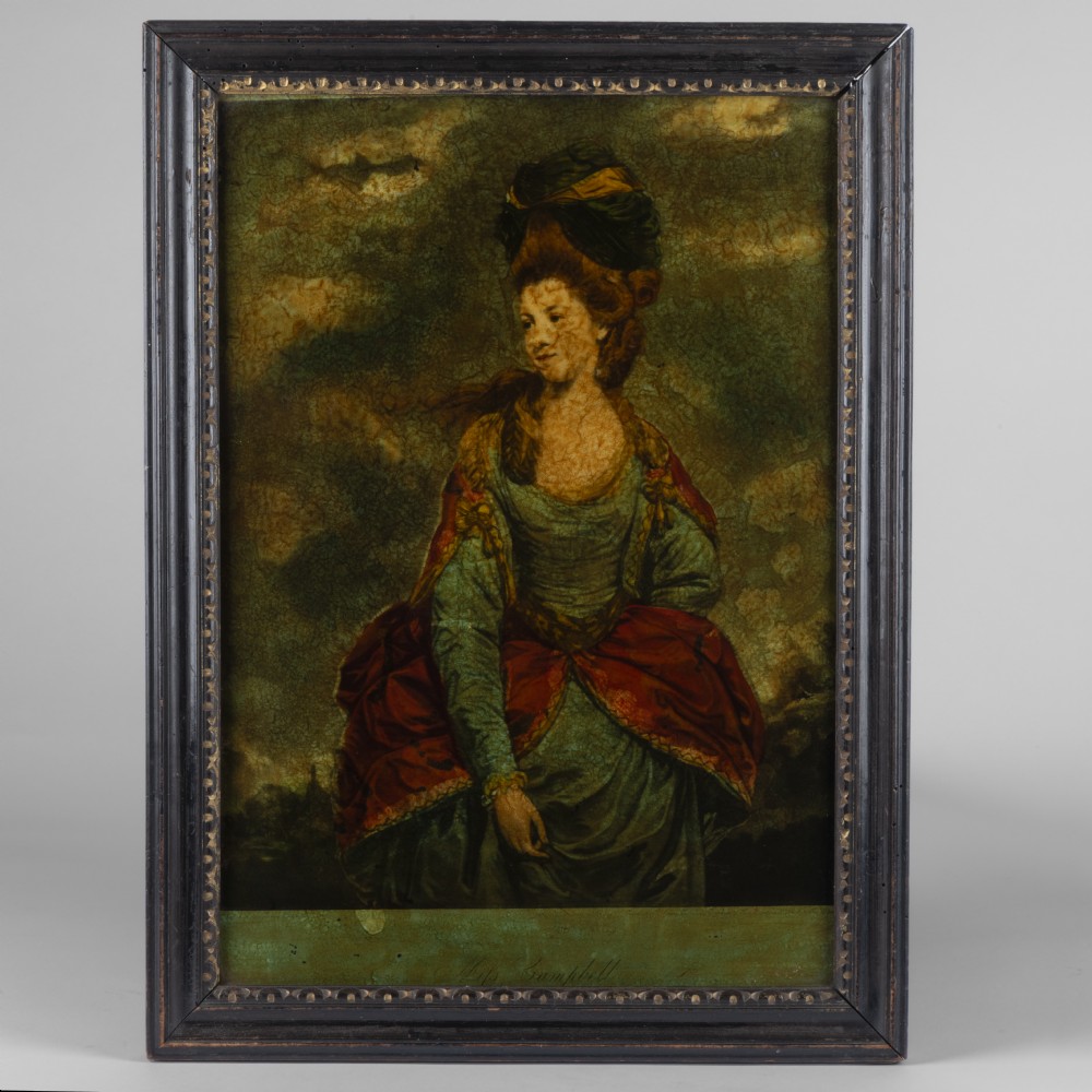 A Georgian reverse glass print depicting a portrait of a woman in an elaborate dress, framed in a dark moulded timber frame.