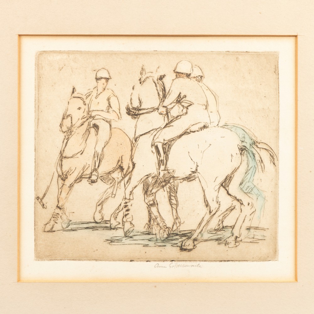 A monochrome drypoint etching on cream paper depicting polo players mounted on horseback, signed in pencil by Anne Goldthwaite.