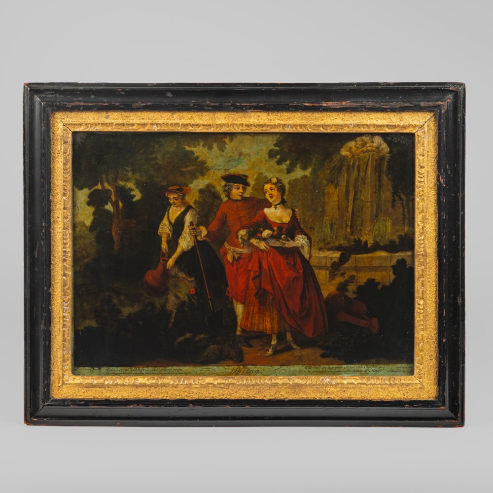 An 18th-century Georgian reverse glass print entitled Spring, depicting three figures in a garden within a black frame and gilded slip.