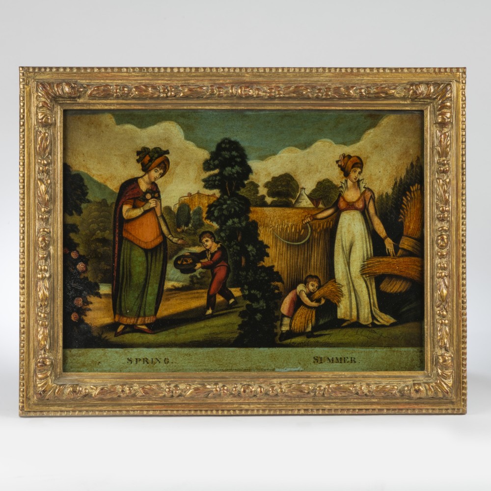 A framed Georgian reverse glass print depicting allegorical figures of Spring and Summer within a moulded gilt frame.