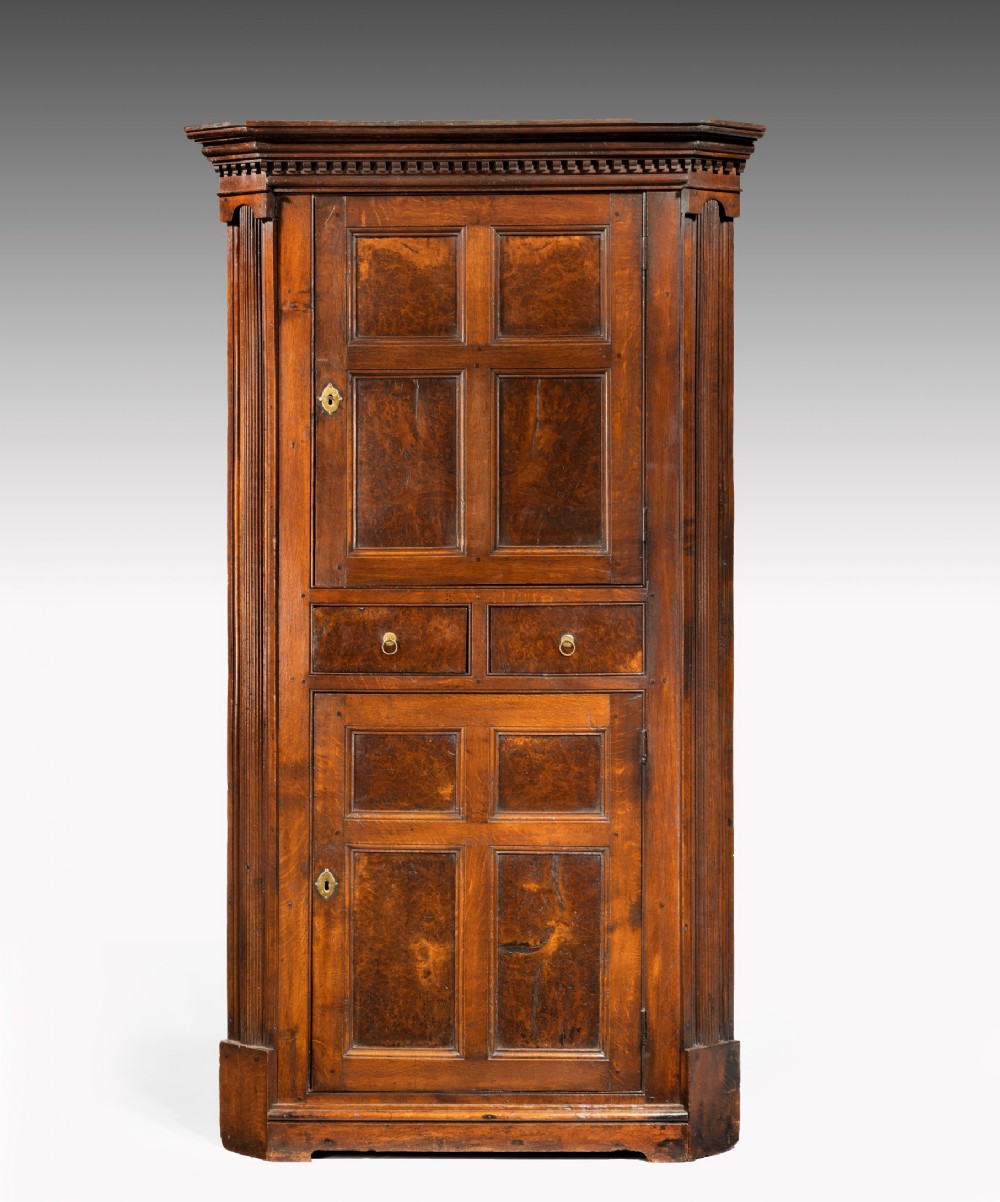 Early Georgian Oak & Burr Yew Standing Corner Cupboard