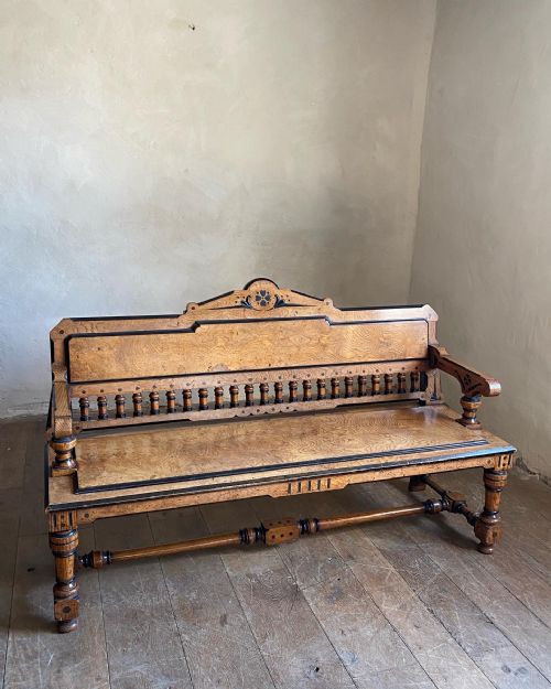 JAMES LAMB AESTHETIC MOVEMENT POLLARD OAK AND EBONY HALL BENCH - ADDITIONAL PHOTO 3