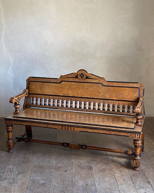 JAMES LAMB AESTHETIC MOVEMENT POLLARD OAK AND EBONY HALL BENCH - ADDITIONAL PHOTO 4