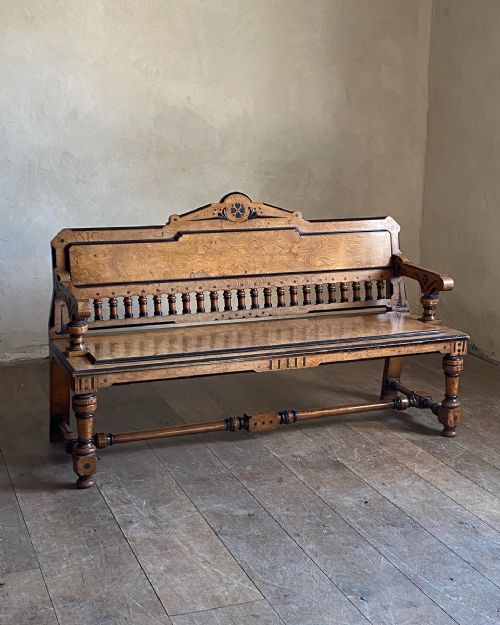 JAMES LAMB AESTHETIC MOVEMENT POLLARD OAK AND EBONY HALL BENCH - ADDITIONAL PHOTO 5