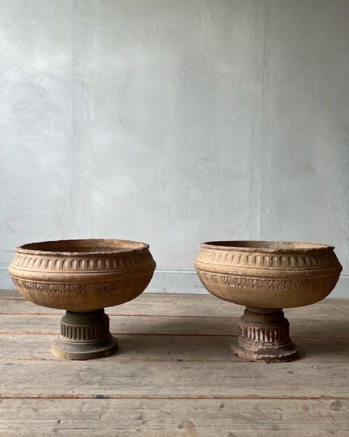 a 19thc pair of buff terracotta urns - CATEGORY: ANTIQUE CERAMICS - DATED VICTORIAN