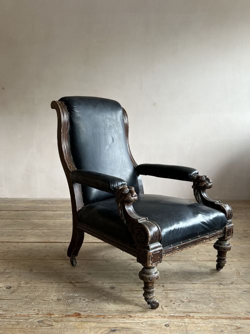 library armchair with lion mask arms - CATEGORY: ANTIQUE CHAIRS - DATED VICTORIAN