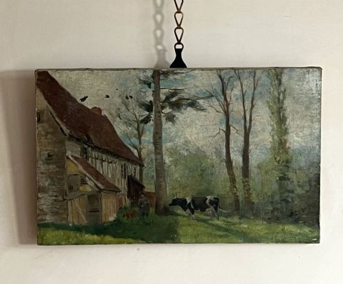 early 20thc oil on canvas farmhouse scene - CATEGORY: ANTIQUE ART - DATED EDWARDIAN
