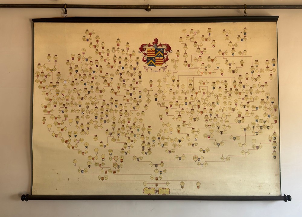 A large cream antique genealogical pedigree wall chart mounted on dark wooden hanging rollers featuring extensive family tree lines and heraldic crests. View II