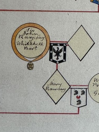 A large cream antique genealogical pedigree wall chart mounted on dark wooden hanging rollers featuring extensive family tree lines and heraldic crests. View IX
