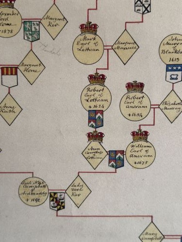 A large cream antique genealogical pedigree wall chart mounted on dark wooden hanging rollers featuring extensive family tree lines and heraldic crests. View XI
