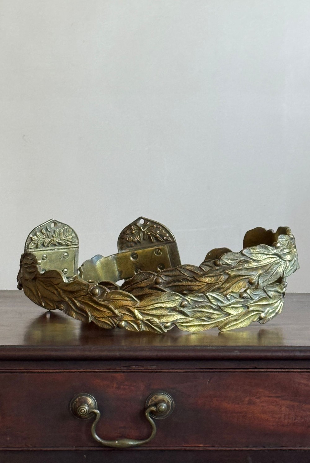 A pair of 19th-century gilt brass curtain tie-backs featuring cast foliage motifs and round mounting plates. View IV