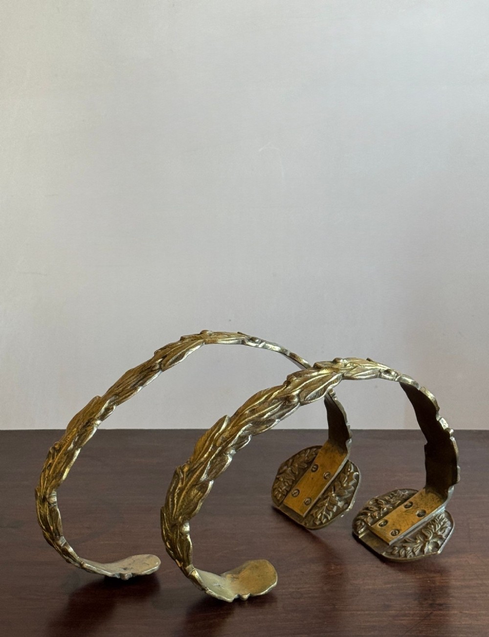 A pair of 19th-century gilt brass curtain tie-backs featuring cast foliage motifs and round mounting plates. View VI