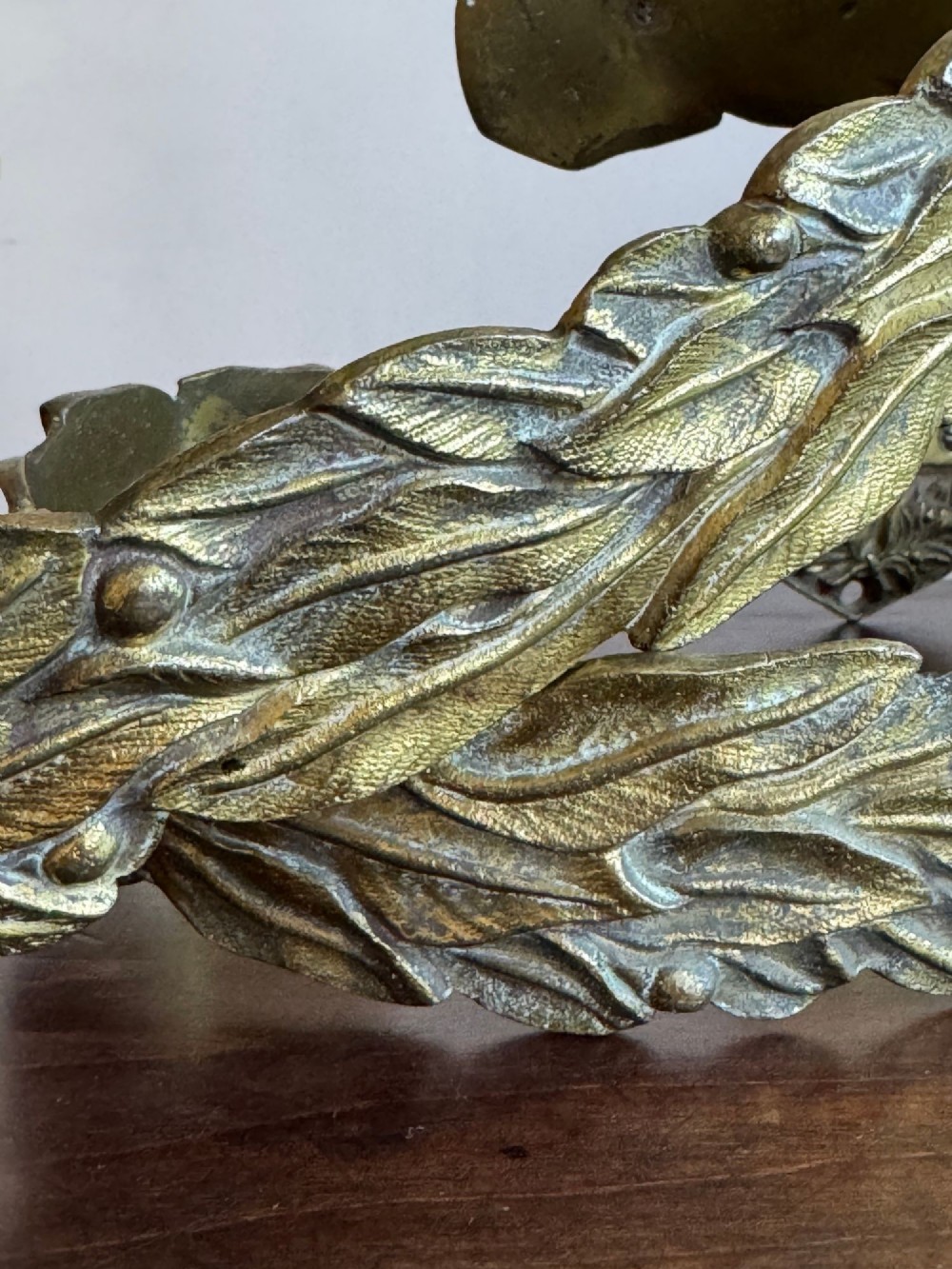 A pair of 19th-century gilt brass curtain tie-backs featuring cast foliage motifs and round mounting plates. View VII