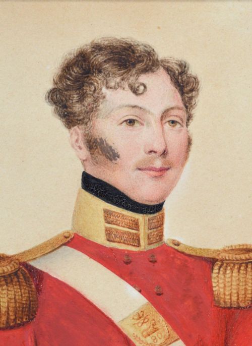 fig 2. A 19th-century watercolour portrait of a British army officer in a red tunic with gold epaulettes, enclosed in a blue mount and giltwood frame.