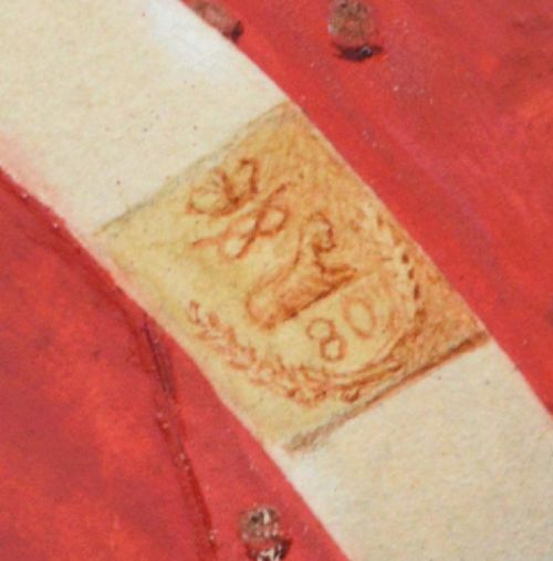 A 19th-century watercolour portrait of a British army officer in a red tunic with gold epaulettes, enclosed in a blue mount and giltwood frame. View IV