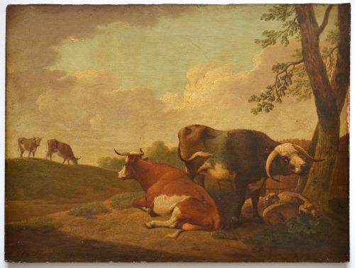 fig 1. An eighteenth-century oil painting depicting resting cattle and sheep in a rural landscape under a cloudy sky.