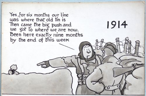 fig 1. An original monochrome pen and ink satirical cartoon drawing by Bruce Bairnsfather depicting a contrast between military life in 1914 and 1941.