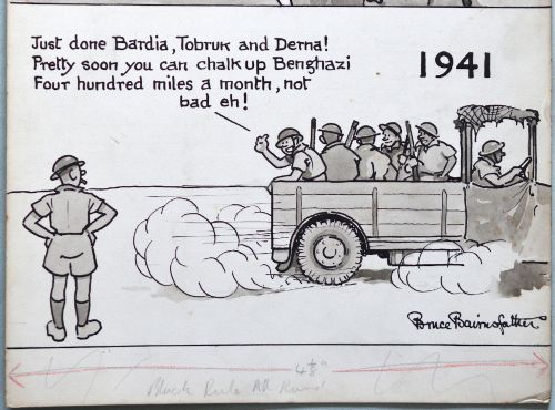 fig 2. An original monochrome pen and ink satirical cartoon drawing by Bruce Bairnsfather depicting a contrast between military life in 1914 and 1941.