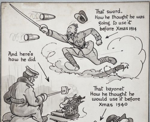 fig 1. An original pen, ink, and wash cartoon drawing by Bruce Bairnsfather featuring military figures in satirical comic panels with handwritten captions.