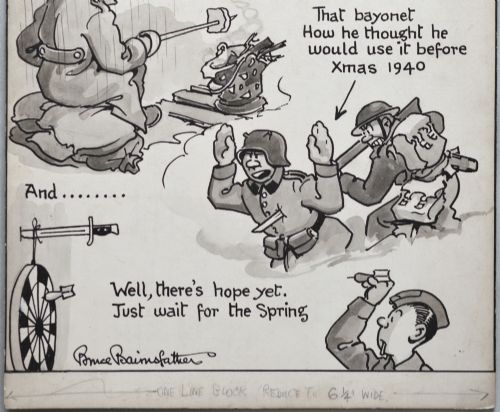 fig 2. An original pen, ink, and wash cartoon drawing by Bruce Bairnsfather featuring military figures in satirical comic panels with handwritten captions.