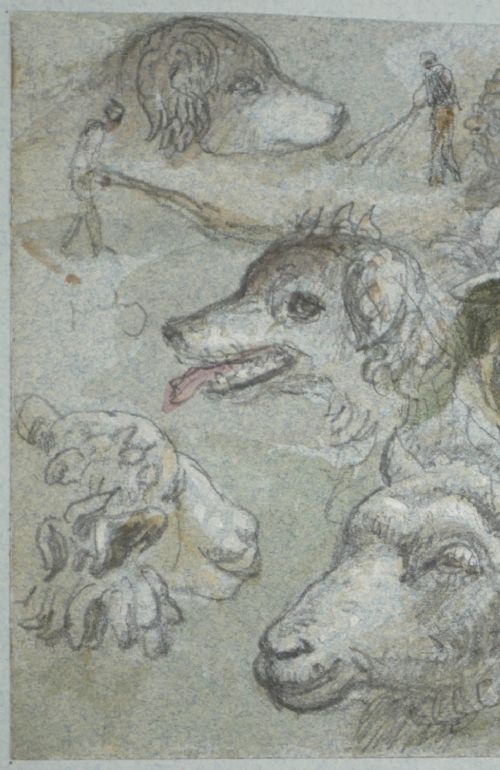 fig 1. A 19th-century watercolour and graphite study sheet depicting detailed sketches of sheep, dogs, and a farm worker, inscribed with Aylesbury.