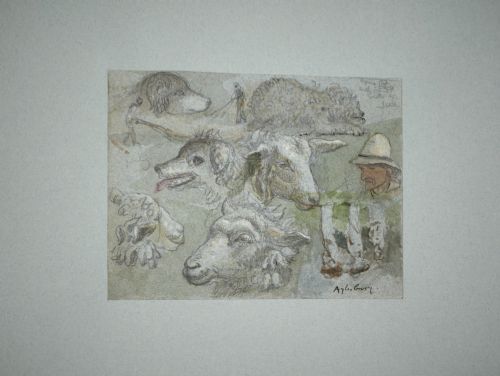 fig 4. A 19th-century watercolour and graphite study sheet depicting detailed sketches of sheep, dogs, and a farm worker, inscribed with Aylesbury.
