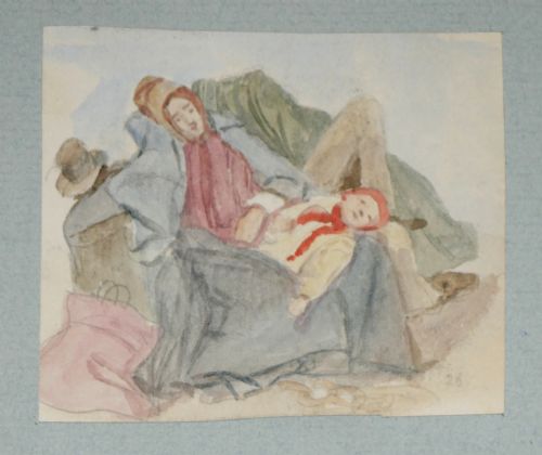 fig 1. A collection of four 19th-century pencil and watercolour marine sketches by James Smetham mounted on a light blue paper backing.