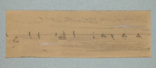 fig 2. A collection of four 19th-century pencil and watercolour marine sketches by James Smetham mounted on a light blue paper backing.