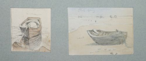 fig 3. A collection of four 19th-century pencil and watercolour marine sketches by James Smetham mounted on a light blue paper backing.