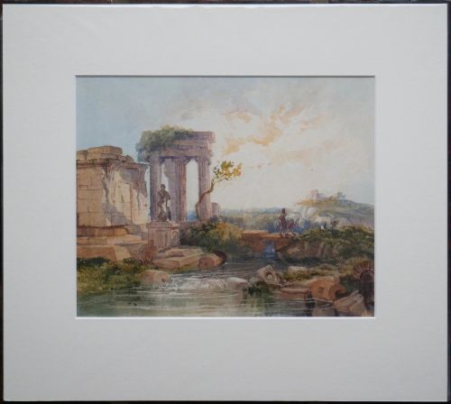 fig 1. A 19th-century watercolour painting depicting classical stone ruins and figures alongside a stream under a soft sky.