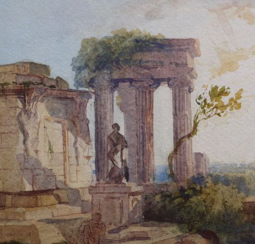 fig 2. A 19th-century watercolour painting depicting classical stone ruins and figures alongside a stream under a soft sky.