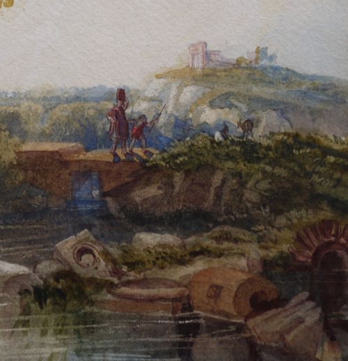 fig 3. A 19th-century watercolour painting depicting classical stone ruins and figures alongside a stream under a soft sky.