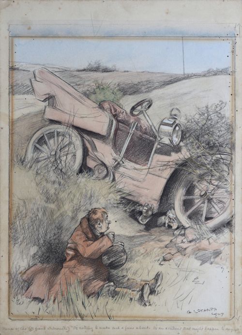 fig 1. An Edwardian watercolour and pencil illustration by George Lorain Stampa depicting two men beside an overturned early motor car in a grassy ditch, signed and dated 1907.