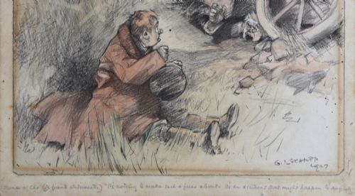 fig 2. An Edwardian watercolour and pencil illustration by George Lorain Stampa depicting two men beside an overturned early motor car in a grassy ditch, signed and dated 1907.