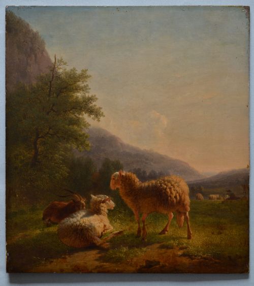 fig 5. An antique oil painting depicting sheep and a goat in a green pastoral landscape surrounded by an ornate gold giltwood frame.