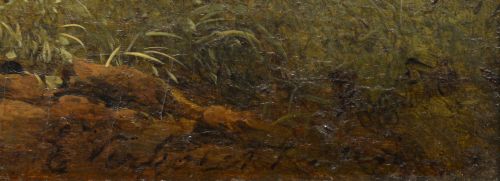 fig 6. An antique oil painting depicting sheep and a goat in a green pastoral landscape surrounded by an ornate gold giltwood frame.