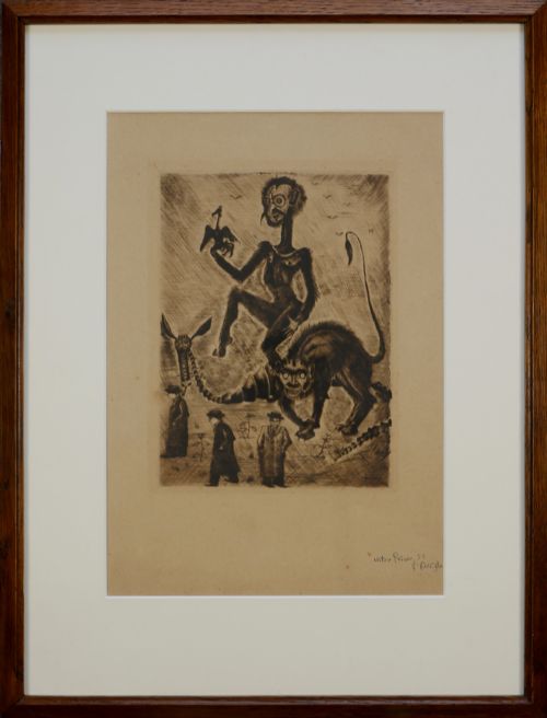 fig 1. A 1931 monochrome surrealist etching featuring hybrid creatures hovering above three figures dressed in suits and hats.