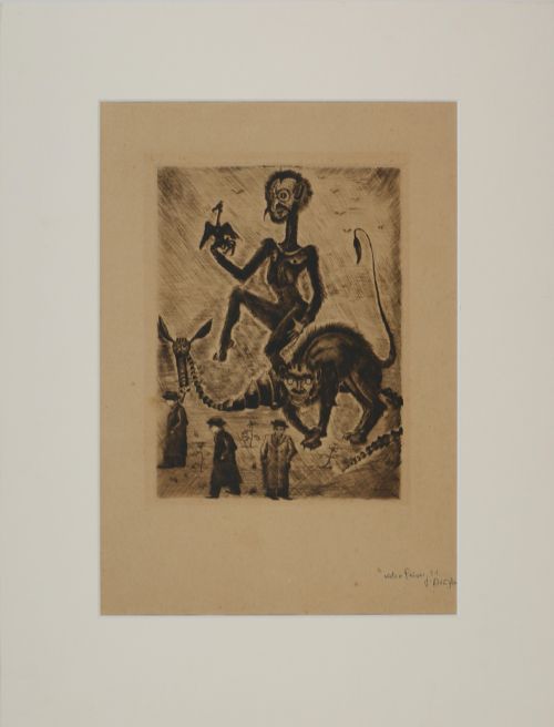 fig 3. A 1931 monochrome surrealist etching featuring hybrid creatures hovering above three figures dressed in suits and hats.
