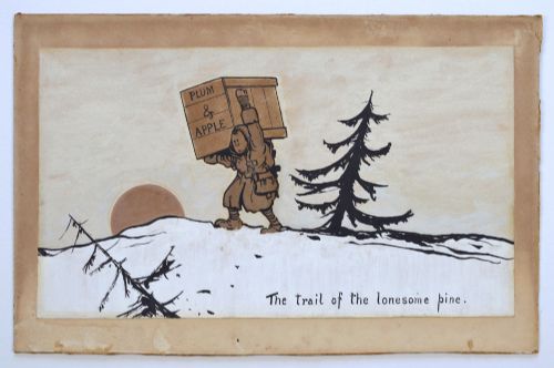 fig 1. A framed original First World War watercolour painting depicting a soldier carrying a large crate through snow past a pine tree at sunset.