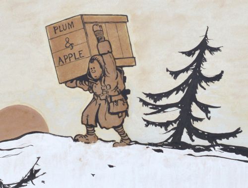 fig 2. A framed original First World War watercolour painting depicting a soldier carrying a large crate through snow past a pine tree at sunset.