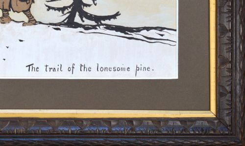 fig 3. A framed original First World War watercolour painting depicting a soldier carrying a large crate through snow past a pine tree at sunset.