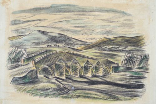 fig 2. Three original wartime coloured pencil landscape drawings by Cecil Keeling displayed alongside an open copy of the book Pictures from Persia.