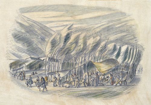 fig 3. Three original wartime coloured pencil landscape drawings by Cecil Keeling displayed alongside an open copy of the book Pictures from Persia.