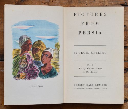 fig 4. Three original wartime coloured pencil landscape drawings by Cecil Keeling displayed alongside an open copy of the book Pictures from Persia.