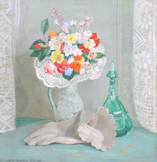 fig 2. A framed tempera painting on wood panel depicting a colourful floral bouquet in a jug beside a green glass decanter and white gloves on a teal surface.