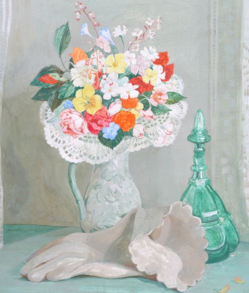 fig 3. A framed tempera painting on wood panel depicting a colourful floral bouquet in a jug beside a green glass decanter and white gloves on a teal surface.