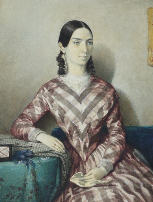 fig 1. A watercolour portrait depicting a young woman in a checkered dress seated in a room beside a table covered with a teal cloth.